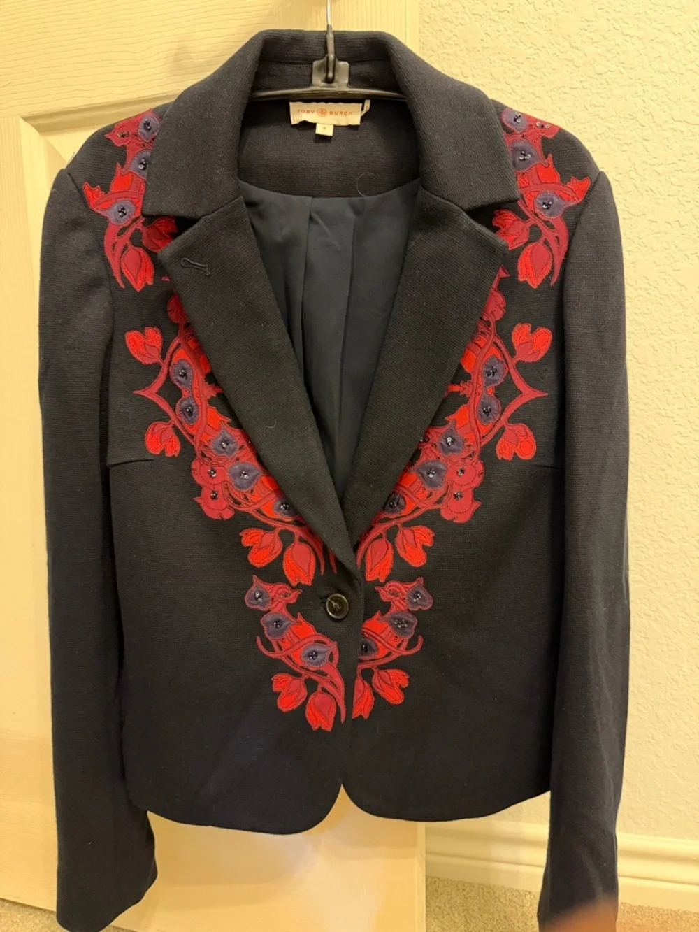 Tory Burch Embroidered Dark Navy Blazer with Red Floral Detail
